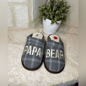 Dearfoams “PAPA BEAR” Gray White Plaid Slip-On Memory Foam slippers small 7-9